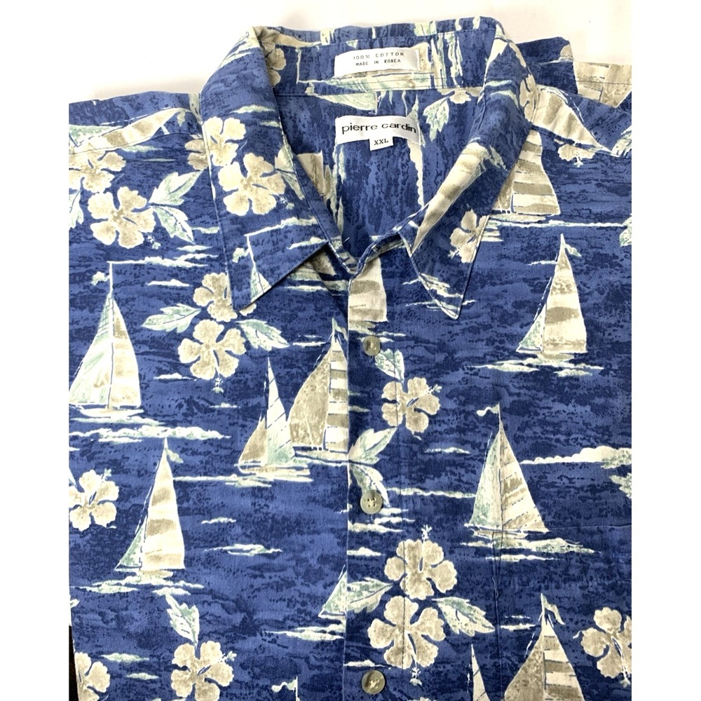 Pierre Cardin Hawaiian Shirt Mens 2XL Blue Sailboat 100% Cotton Vintage Korea - Picture 1 of 8